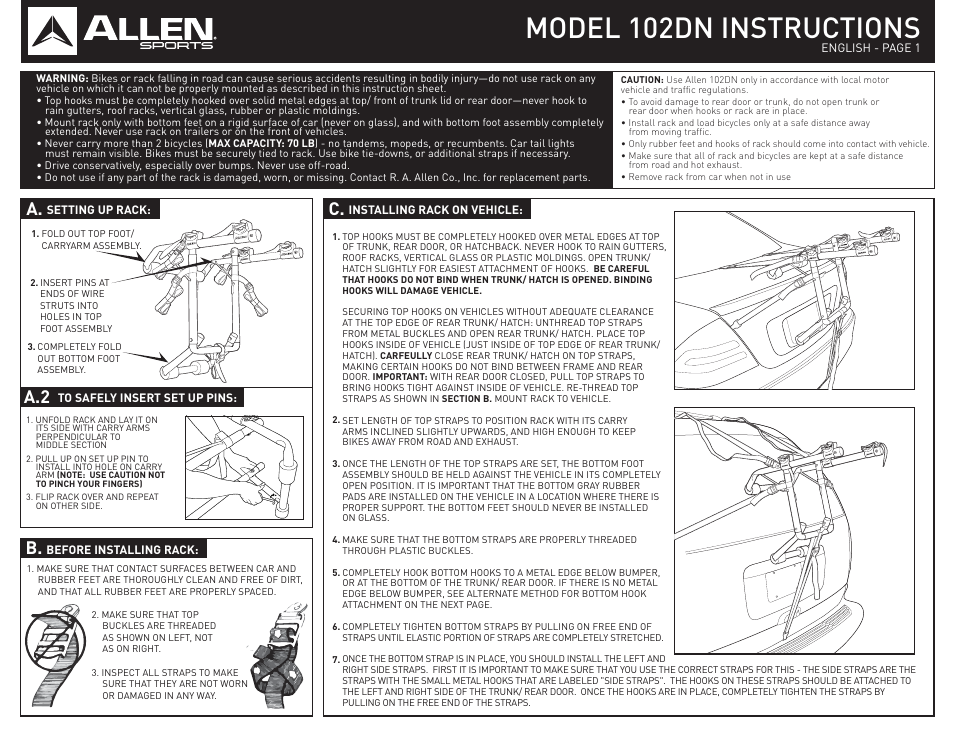Allen Sports 102DN User Manual 2 pages