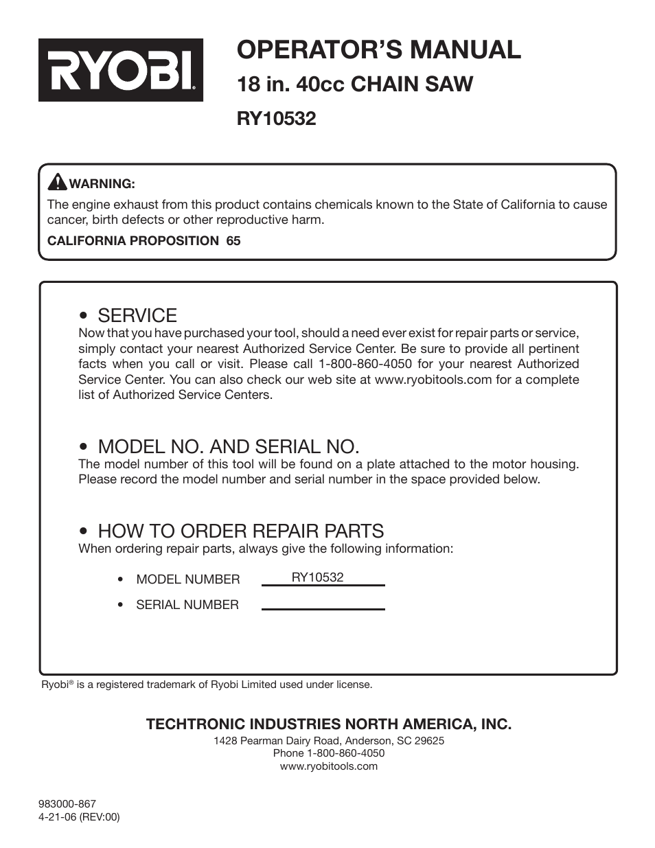 Operator S Manual 18 In 40cc Chain Saw Service Ryobi