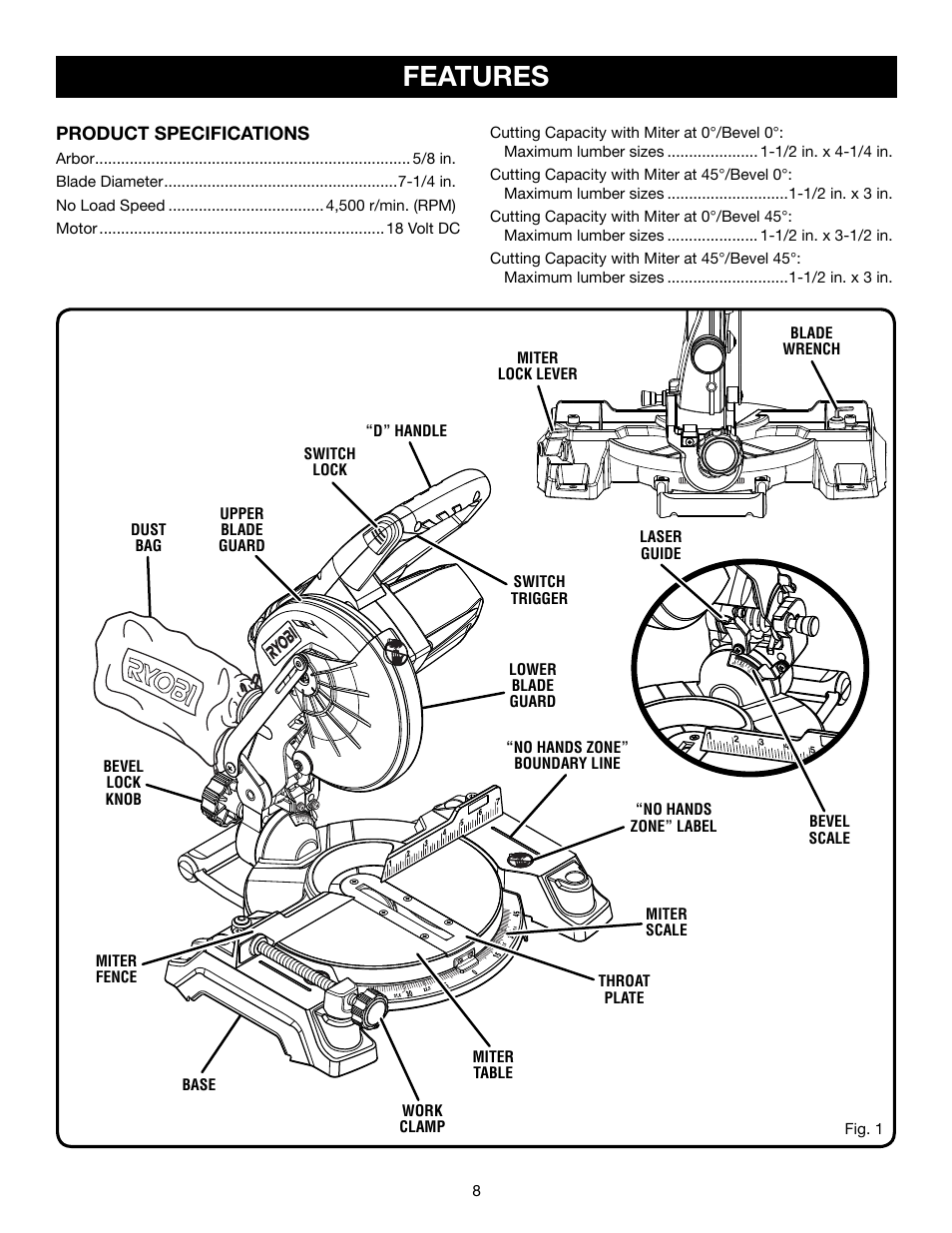 Features, Product specifications | Ryobi P551 User Manual | Page 8 / 32