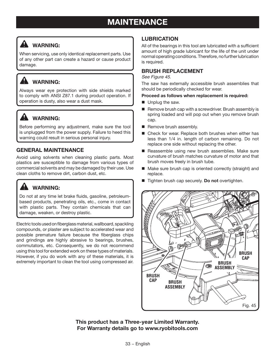 Maintenance | Ryobi TSS102L User Manual | Page 33 / 100