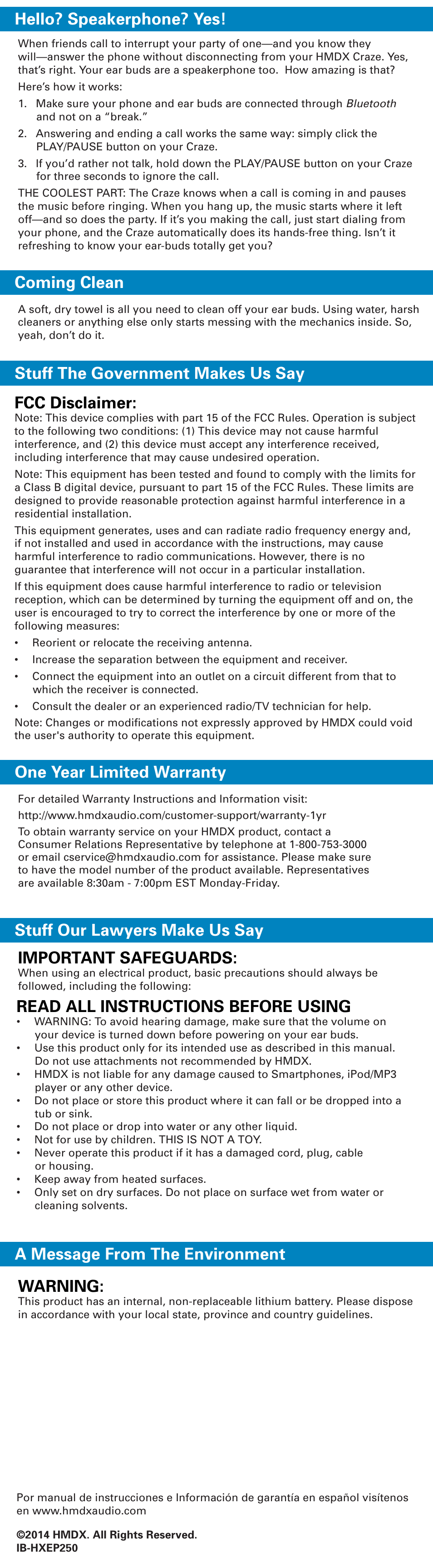 Warning, Fcc disclaimer, Read all instructions before using | HMDX