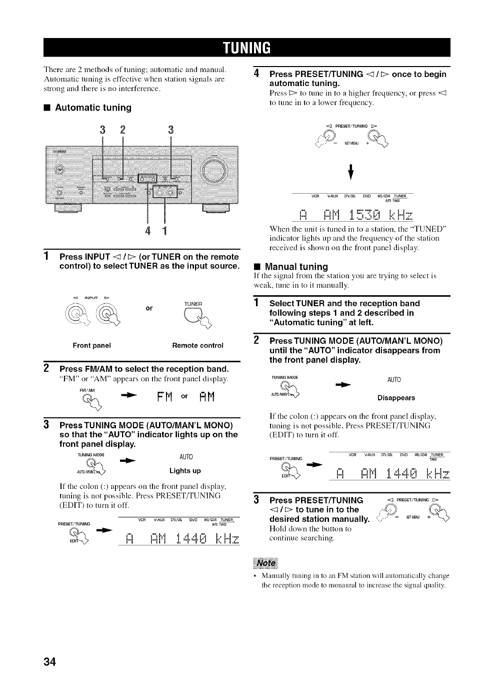 Tuning, Automatic tuning, Manual tuning | Yamaha HTR-5830 User Manual