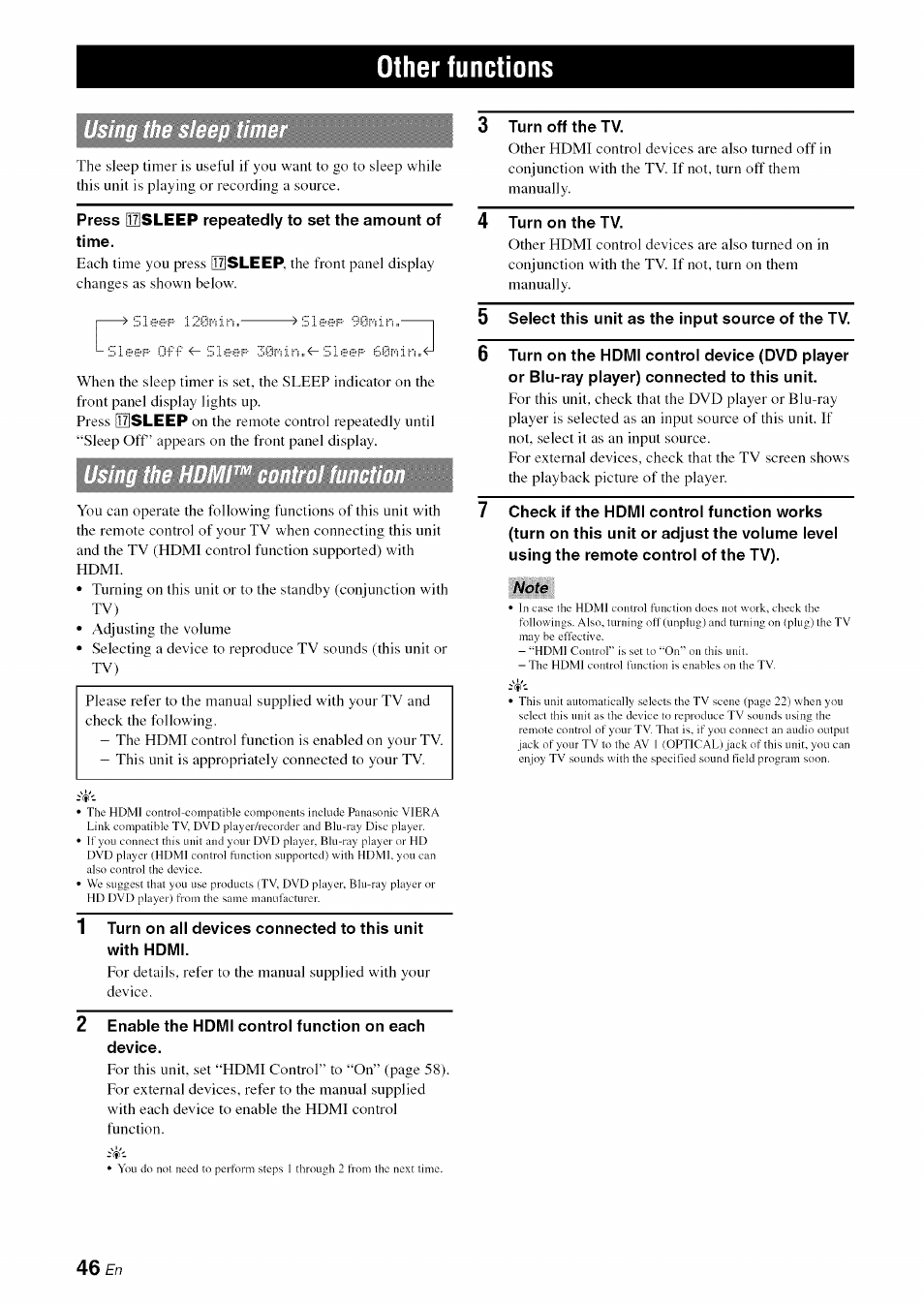 Other functions, Note | Yamaha RX-V1065 User Manual | Page 49 / 102