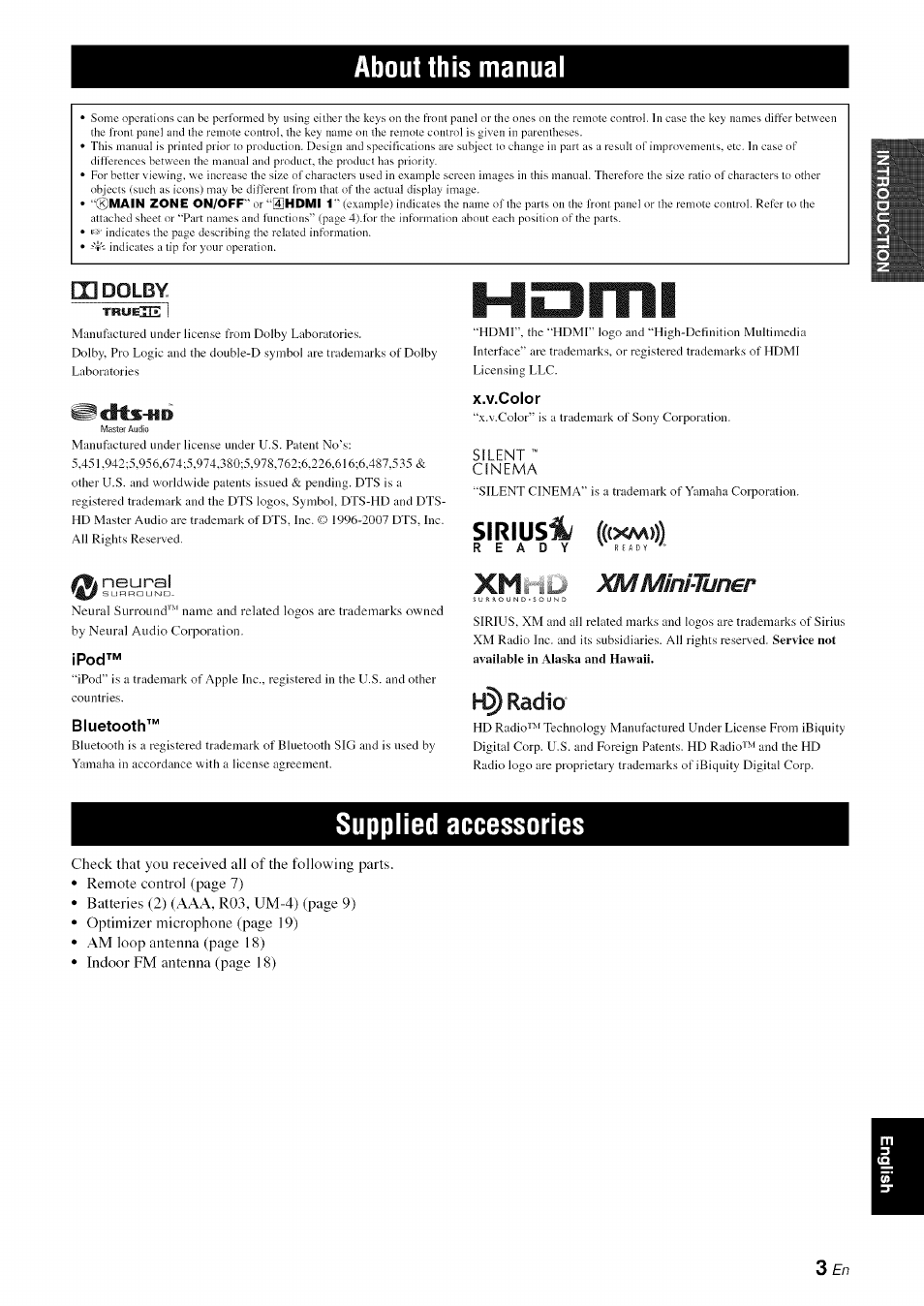 About this manual, X.v.color, Ipod | Yamaha RX-V1065 User Manual | Page