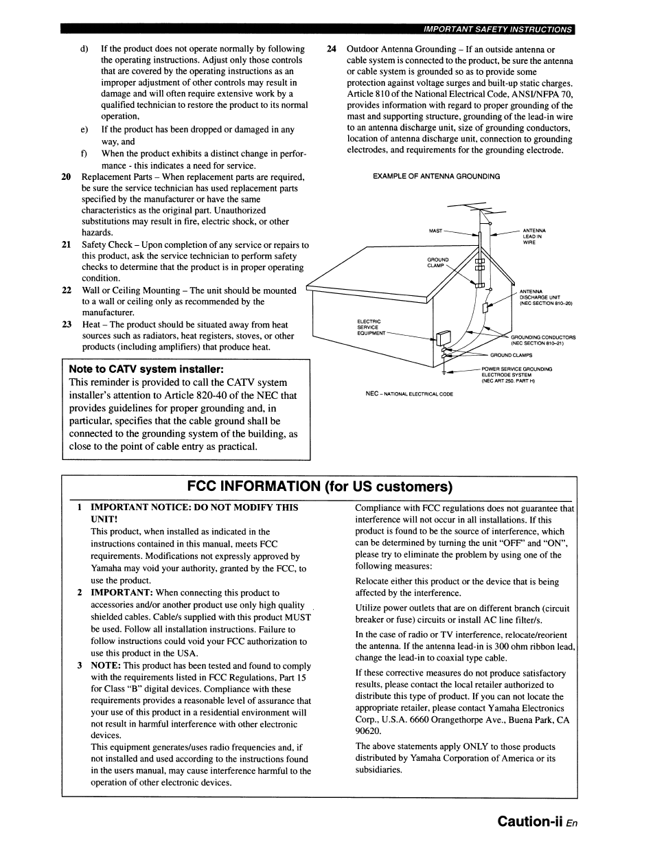 Note to catv system installer | Yamaha RX-V663 User Manual | Page 3 / 151