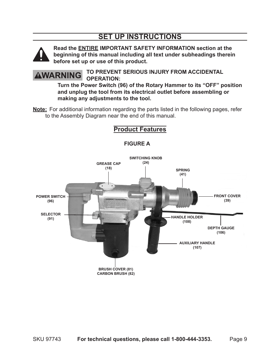 Set up instructions, Product features | Chicago Electric Rotary Hammer