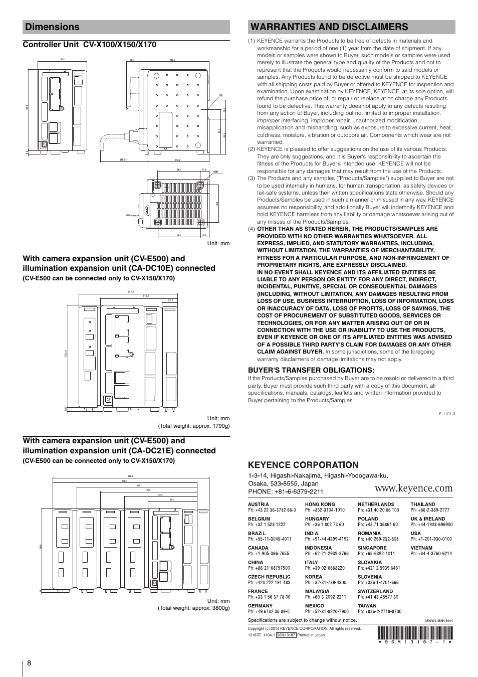 dimensions  controller unit cv x150  x170  warranties and disclaimers