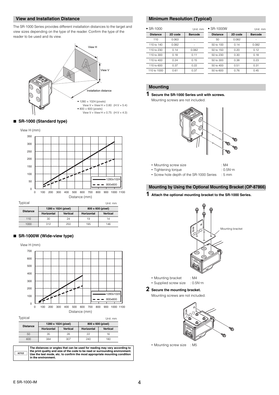 View and installation distance, Minimum resolution (typical), Mounting
