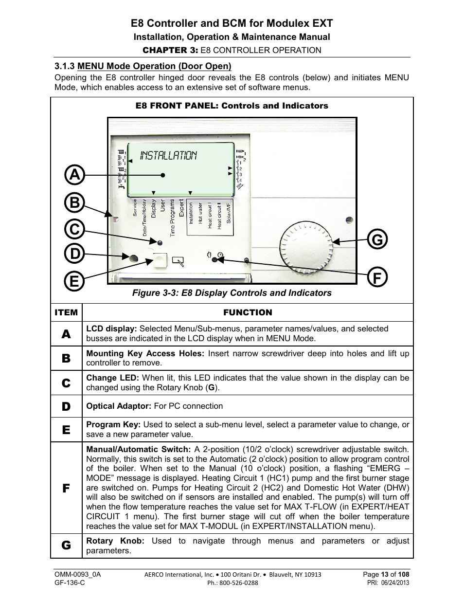 3 Menu Mode Operation Door Open Aerco Modulex E8