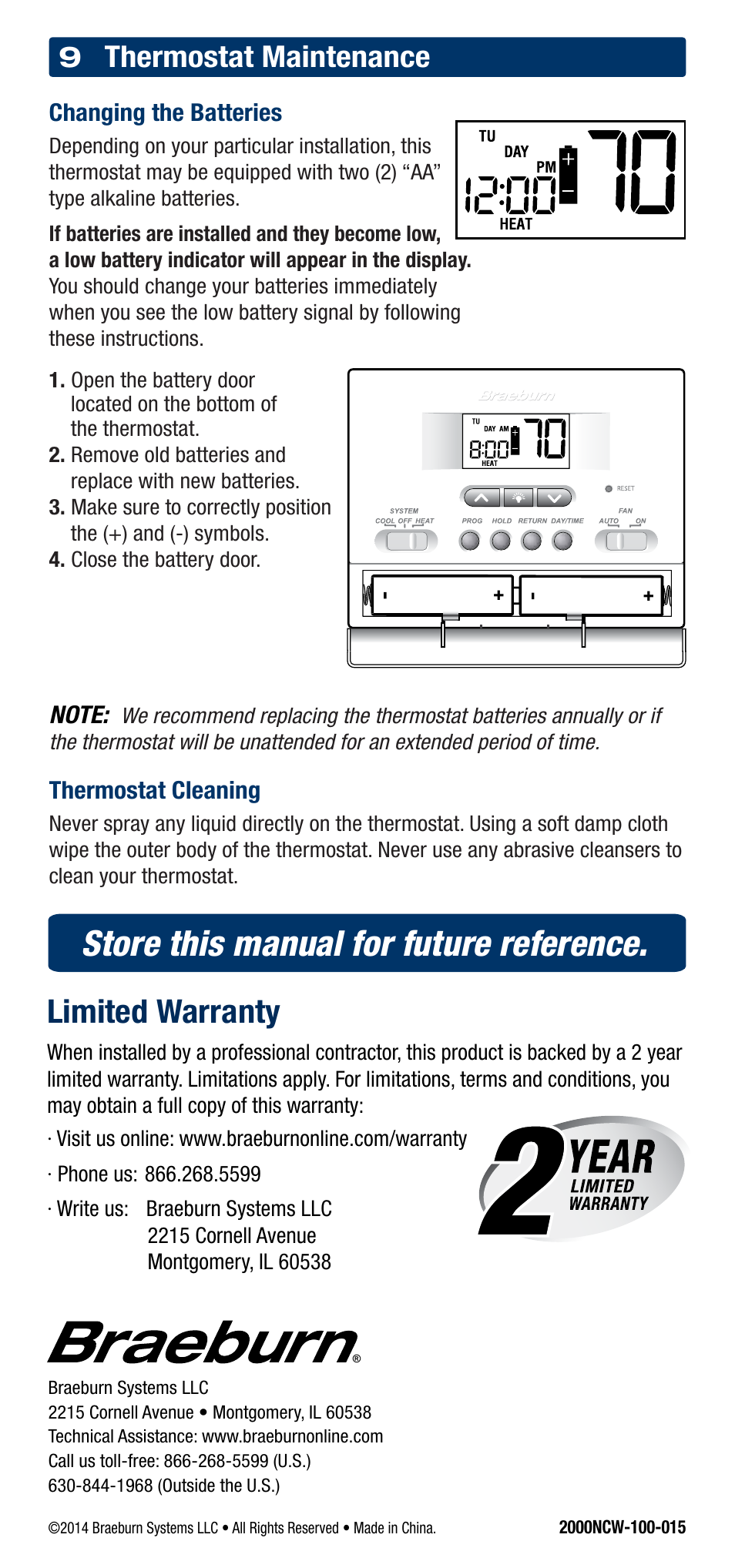 Store this manual for future reference, Limited warranty, Thermostat