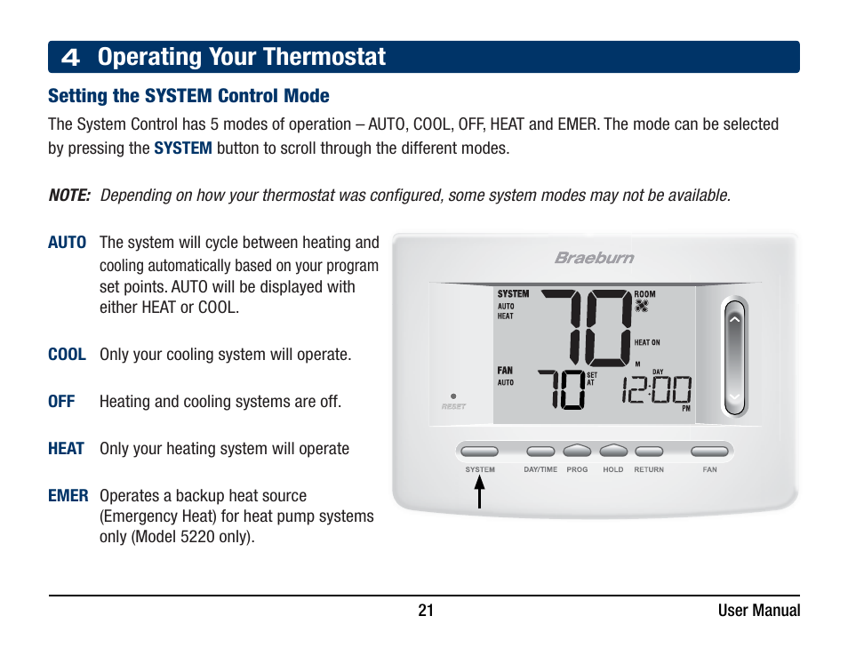 4 operating your thermostat | Braeburn 5220 User Manual User Manual