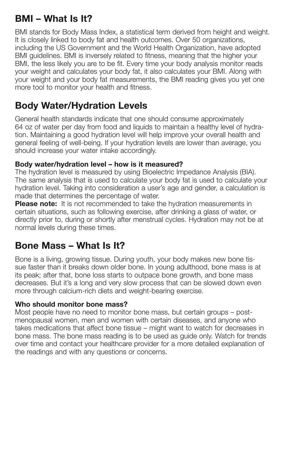 Bmi – what is it, Body water/hydration levels, Bone mass – what is it