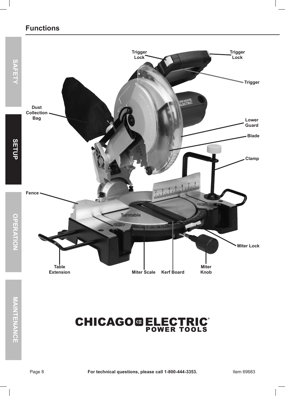 Functions, Safety opera tion maintenance setup Chicago Electric 10