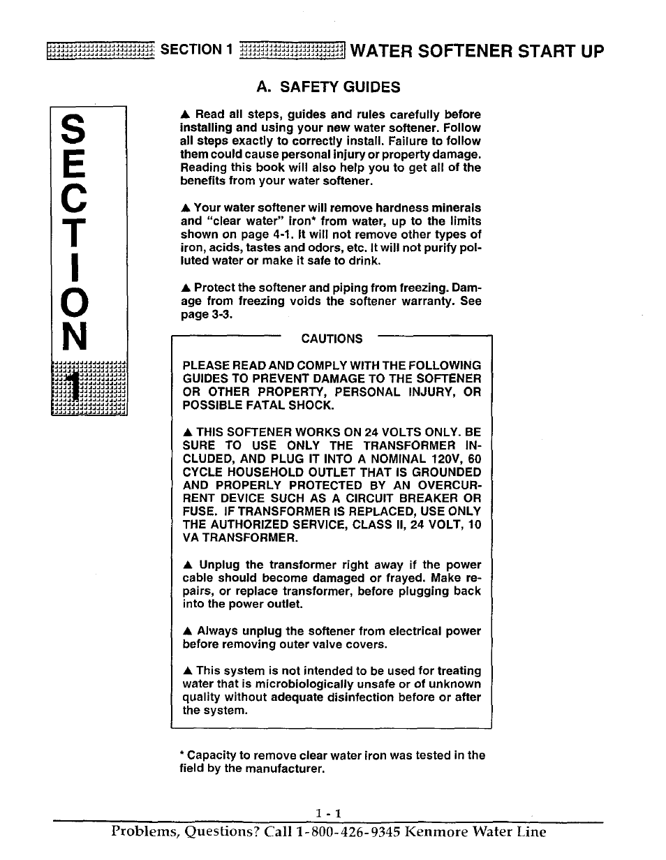 Water softener start up, Se c t i, A. safety guides | Kenmore ULTRASOFT