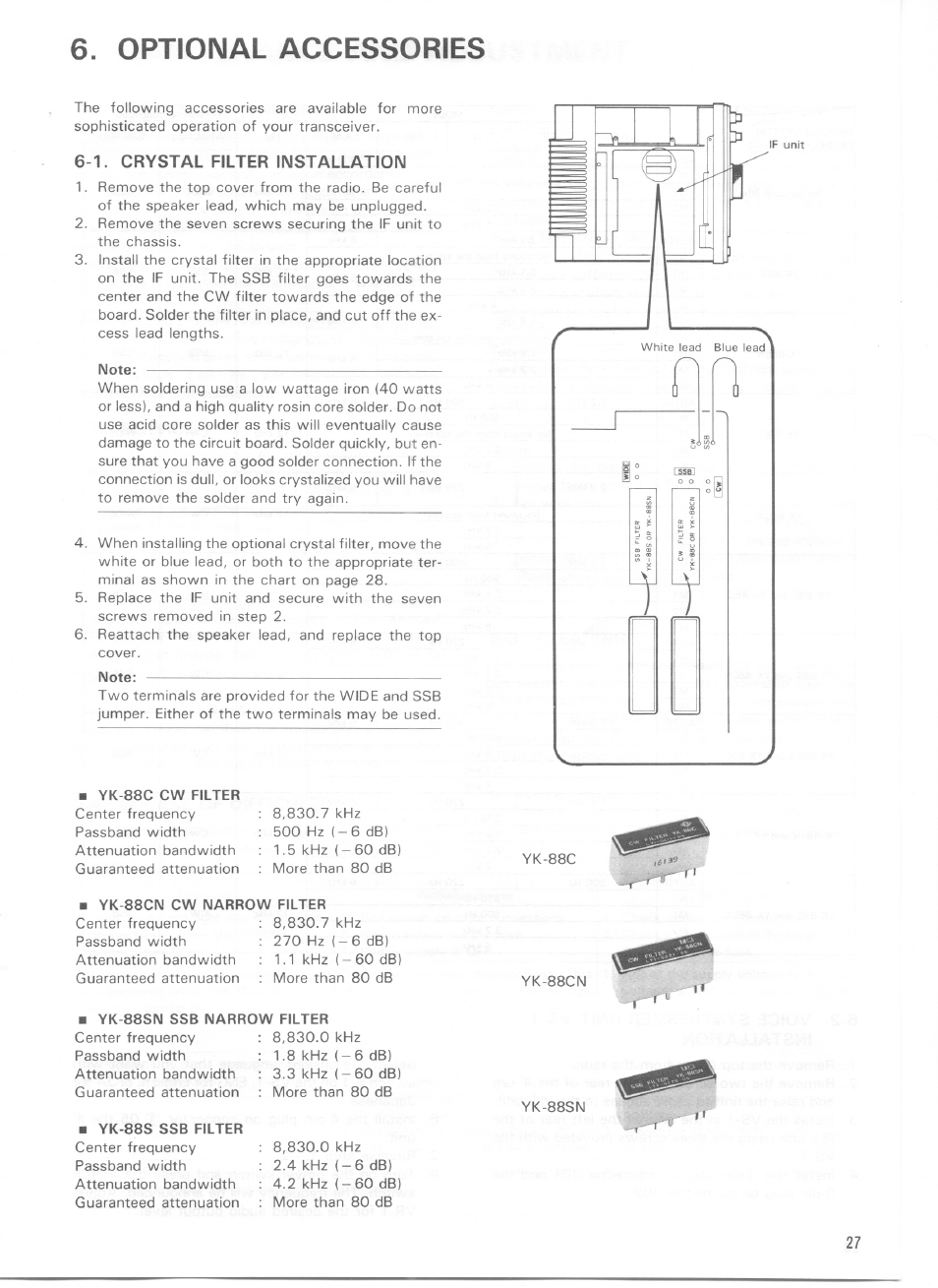 Optional accessories, 1. crystal filter installation, Note | Kenwood TS