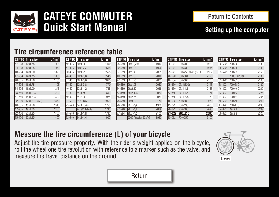 Cateye commuter quick start manual, Measure the tire circumference (l