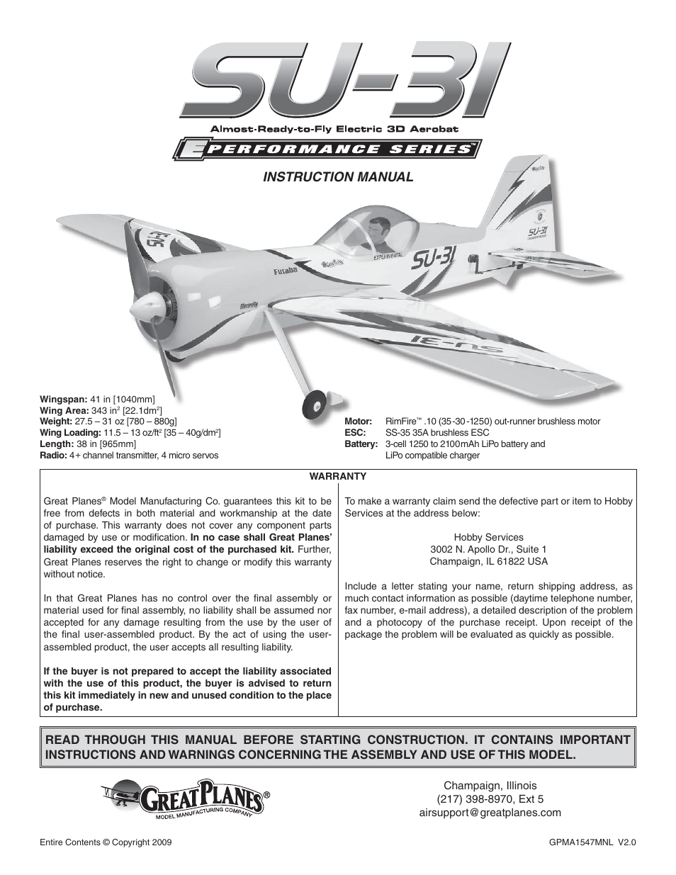 Great Planes SU31 Sukhoi EP 3D ARF GPMA1547 User Manual 24 pages
