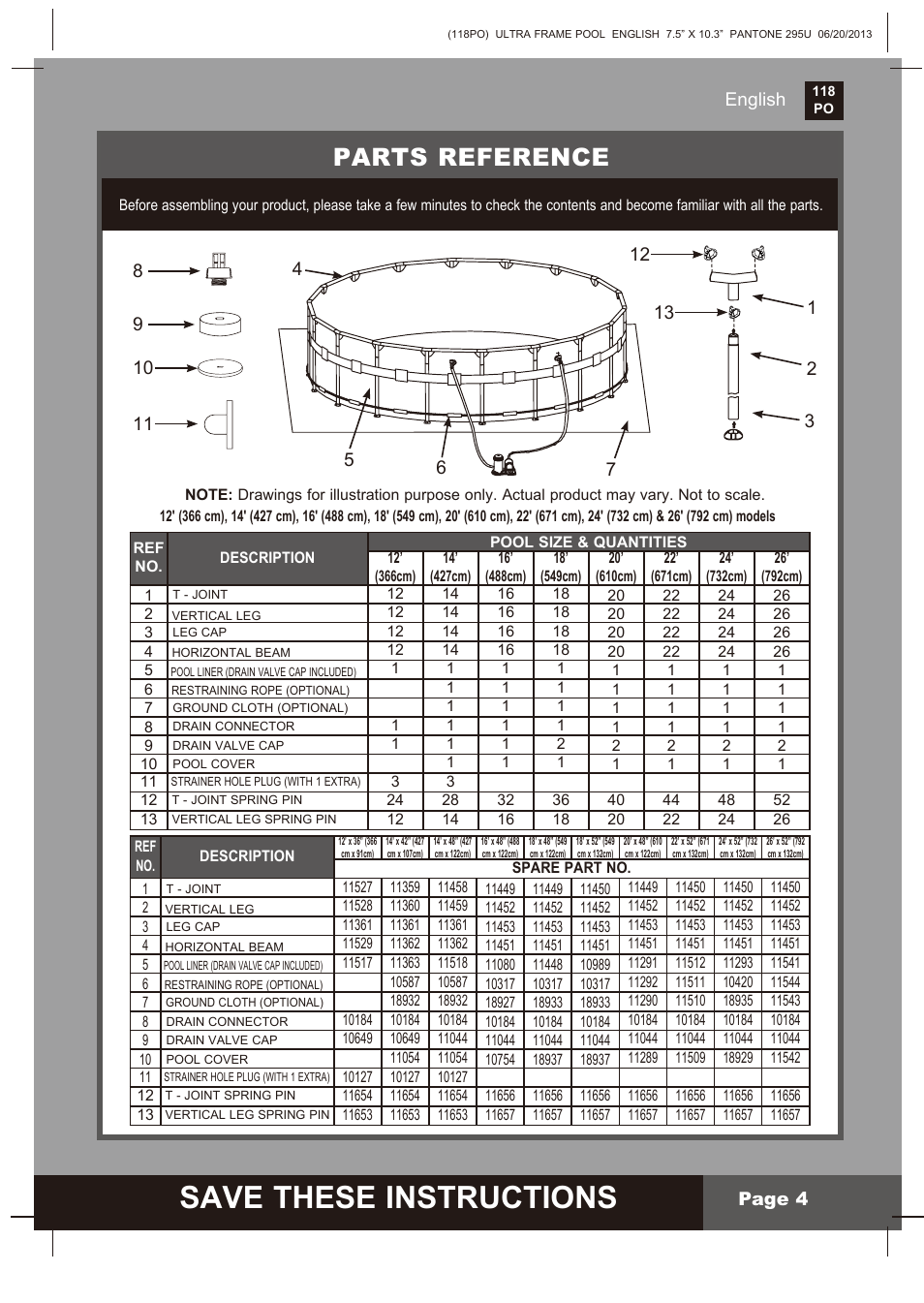 Save these instructions, Parts reference, English page 4 | Intex 18 FT