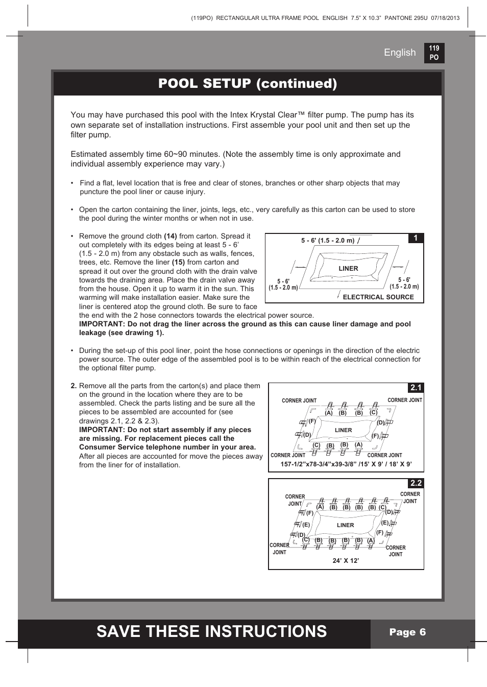 Save these instructions, Pool setup (continued), English page 6 | Intex