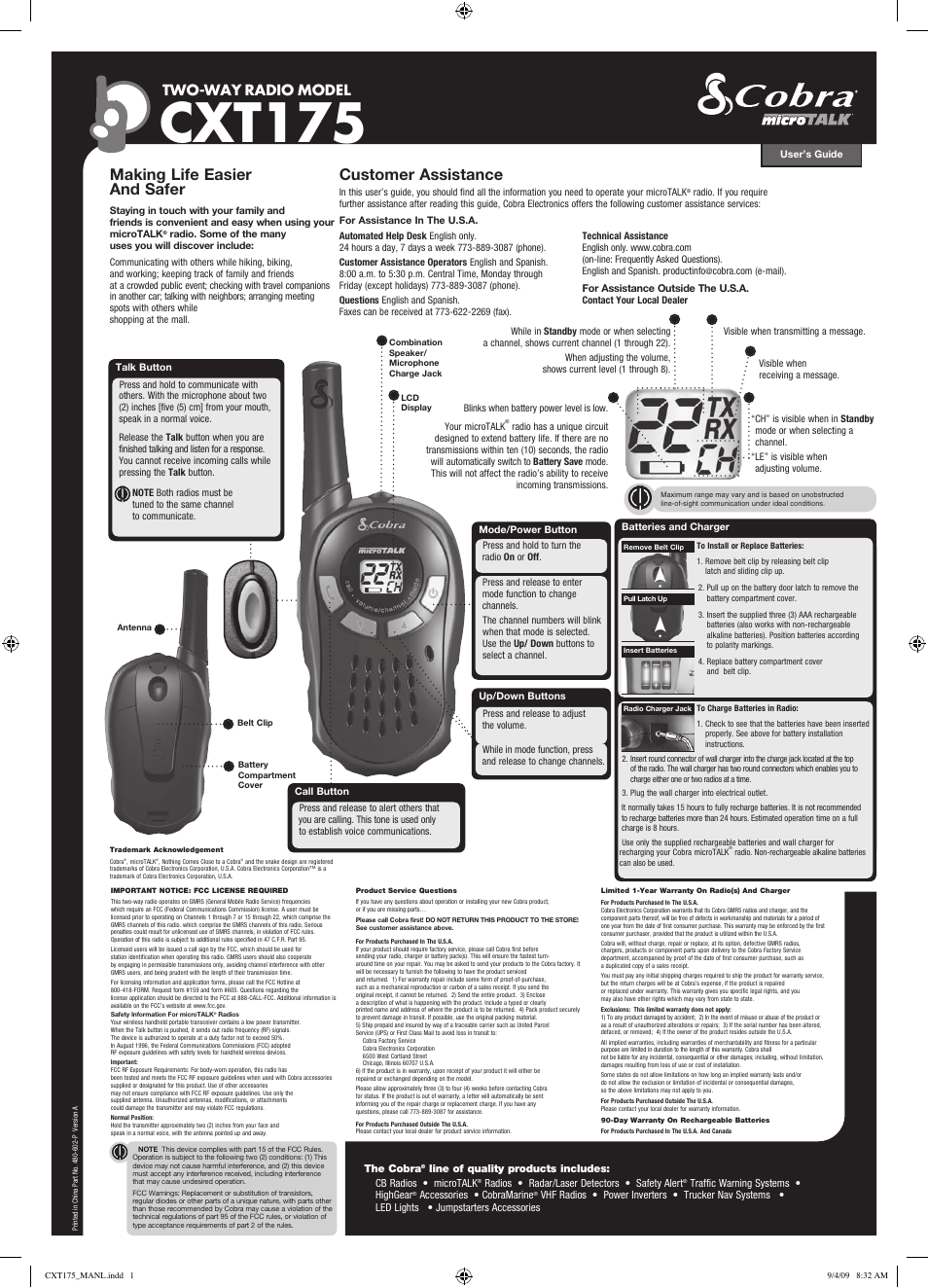 Cobra Electronics MICROTALK CXT175 User Manual | 1 page
