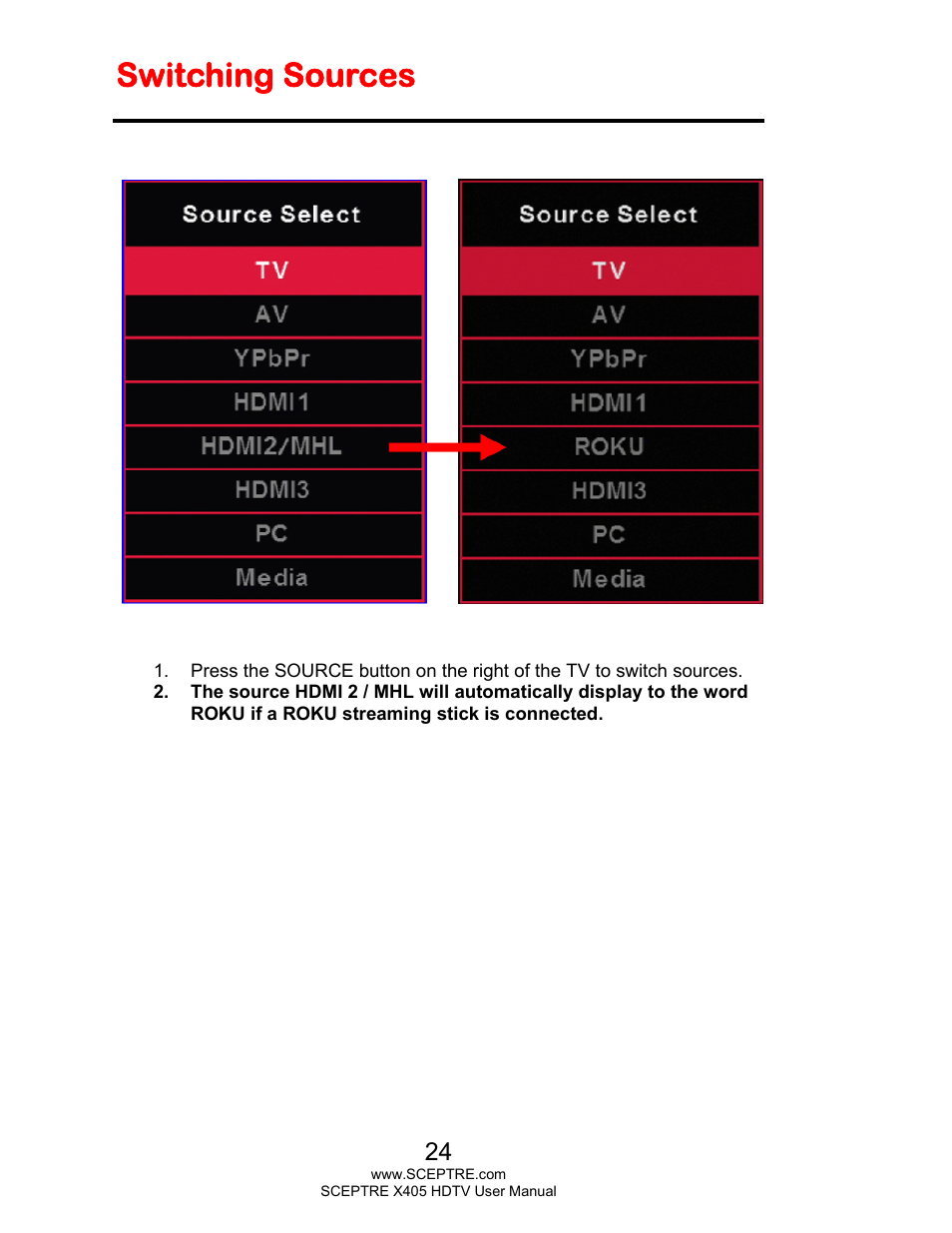 Switching sources | Sceptre X405BV-FMQR User Manual | Page 24 / 58