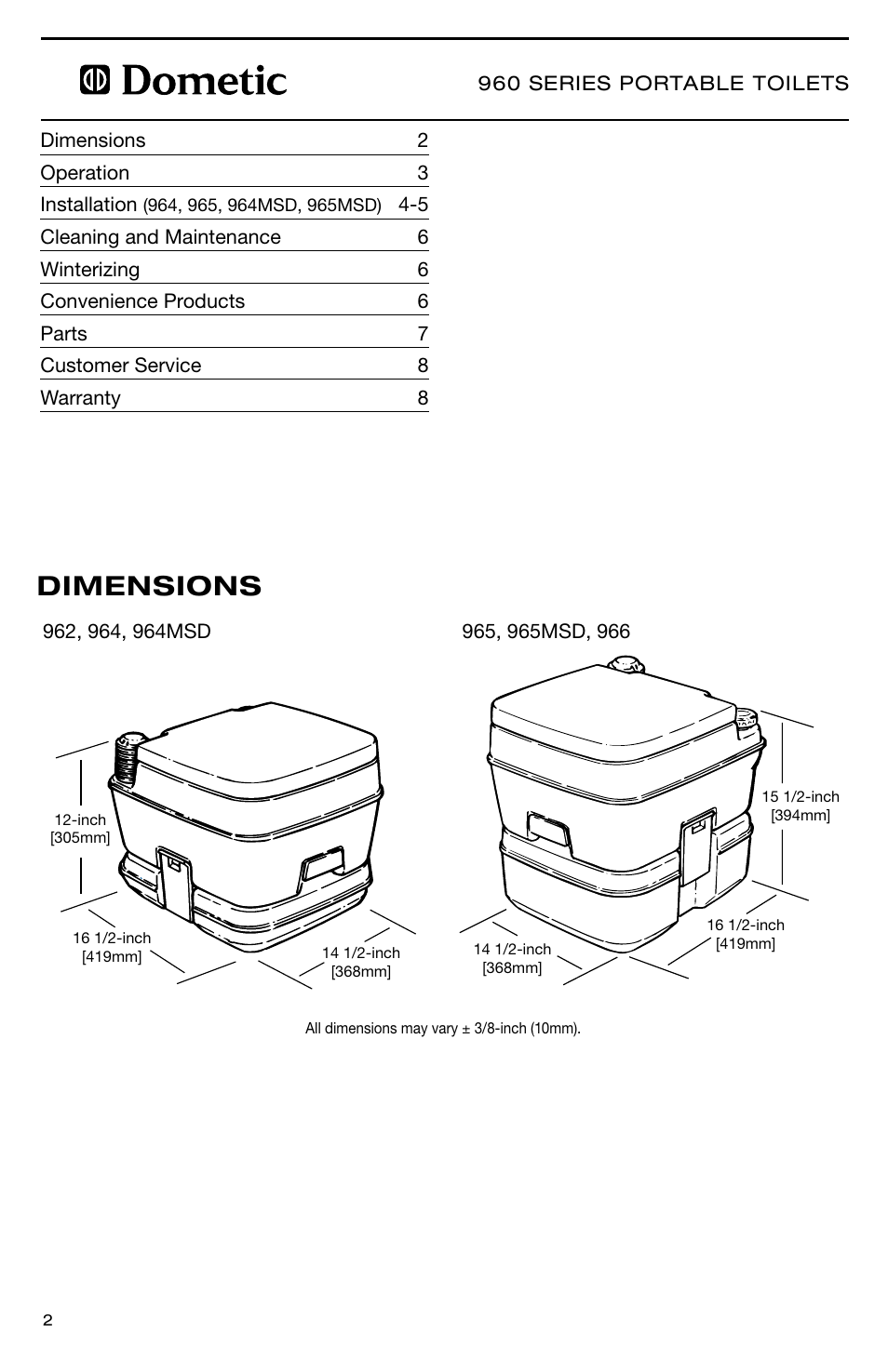 Dimensions | SeaLand 960 Series SaniPottie Portable Toilet User Manual