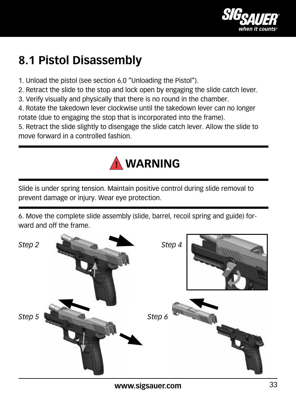 1 pistol disassembly, Warning | SIG SAUER P320 User Manual | Page 33 / 68
