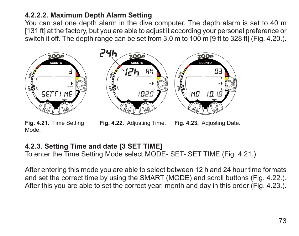 Maximum depth alarm setting, Setting time and date [3 set time | SUUNTO