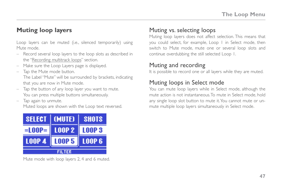 Muting loop layers, Muting vs. selecting loops, Muting and recording