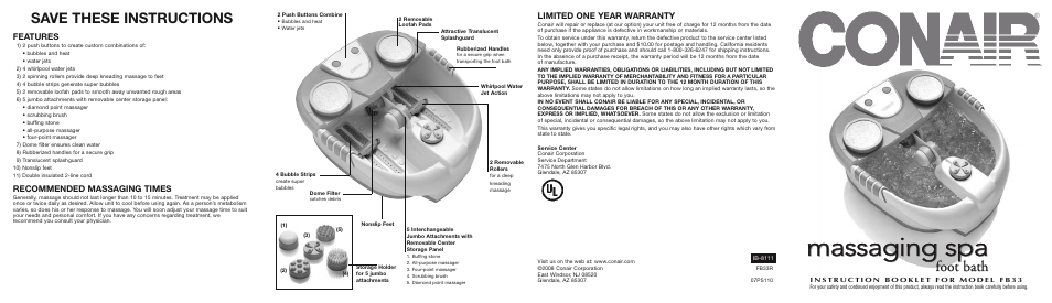 conair waterfall foot spa instructions