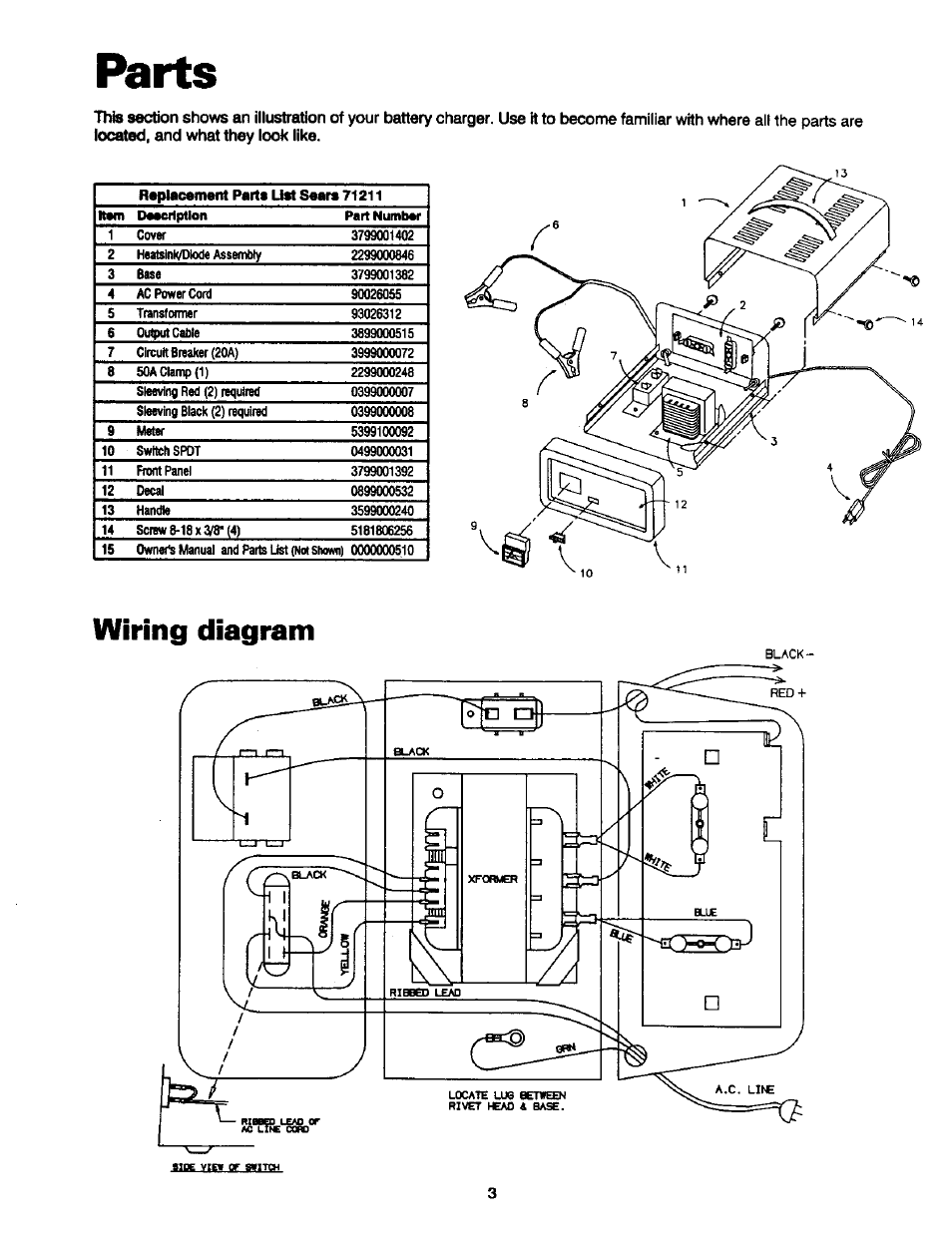 Parts, Wiring diagram | Sears 200.71211 User Manual | Page 4 / 12