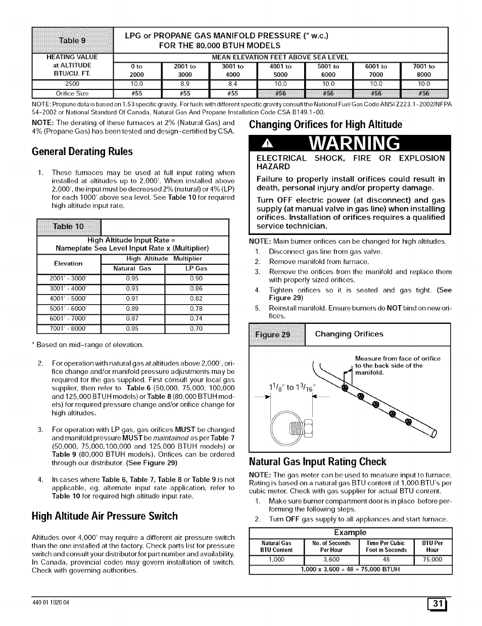 General derating rules, High altitude air pressure switch, Changing