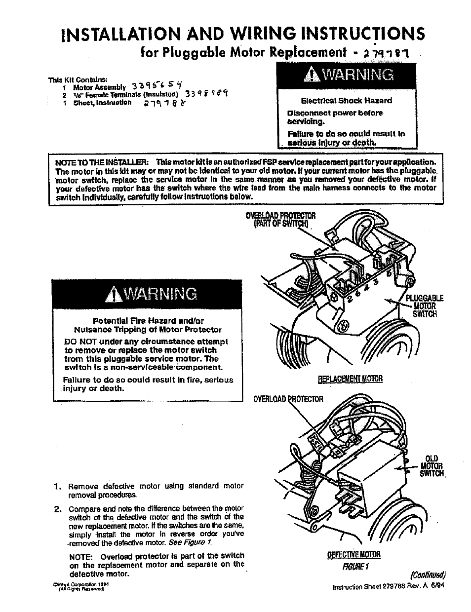 Installation And Wiring Instructions  For Pluggable Motor