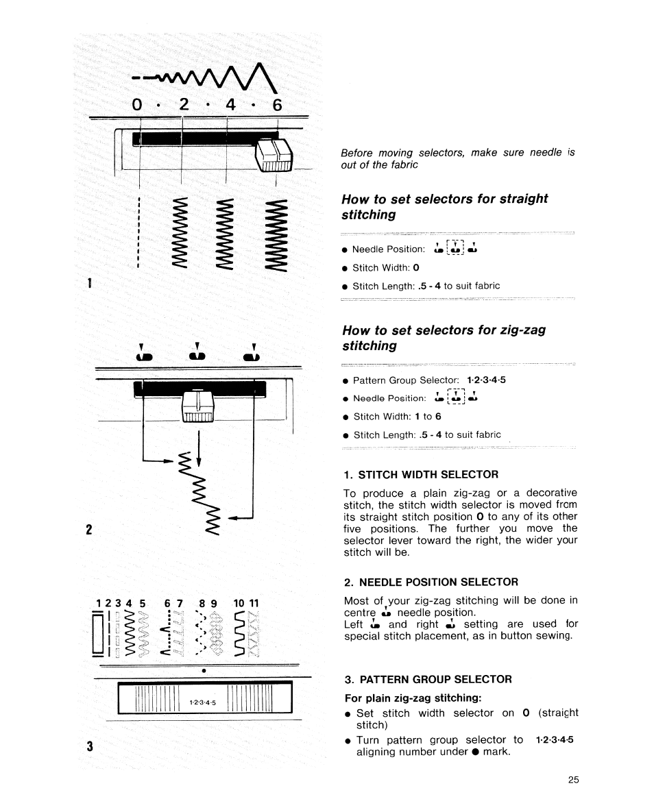 How to set selectors for straight stitching, How to set selectors for zig-zag stitching, Stitch width selector | SINGER 9614 User Manual | Page 27 / 76