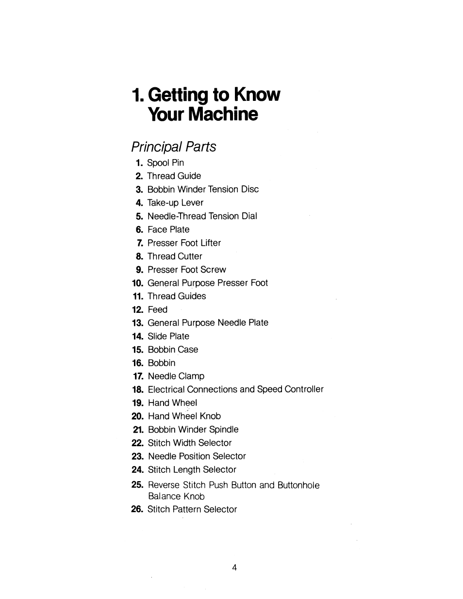 Getting to know your machine, Principal parts | SINGER 1263 User Manual