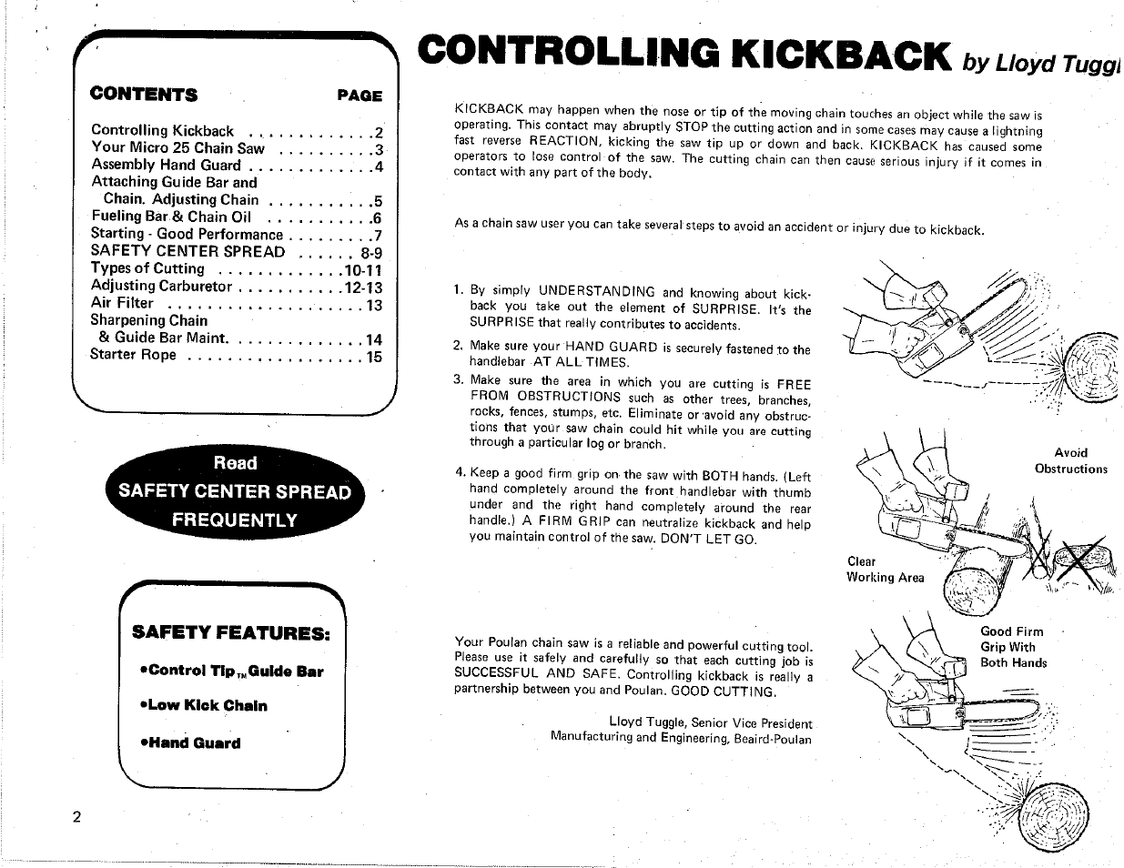 Controlling kickback, By lloyd tuggl | Poulan Chainsaw User Manual