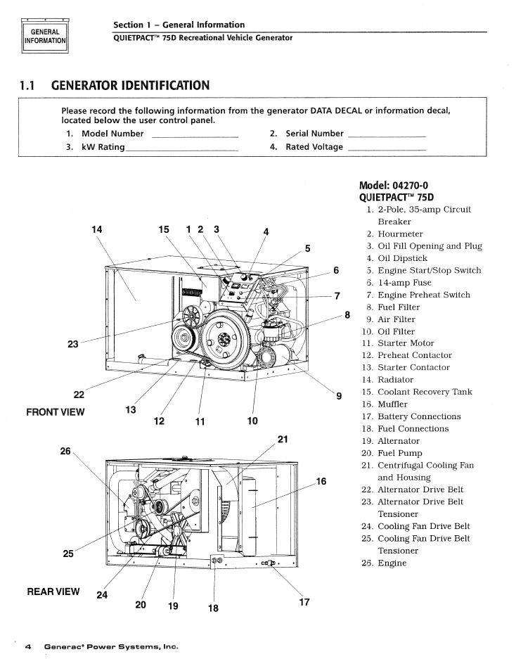 1 generator identification, Model: 04270-0 quietpact“ 75d | Generac
