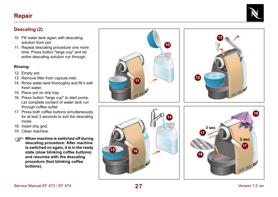 Descaling (2), 27 repair | Nespresso Essenza FS EF 474 User Manual | Page 27 / 38