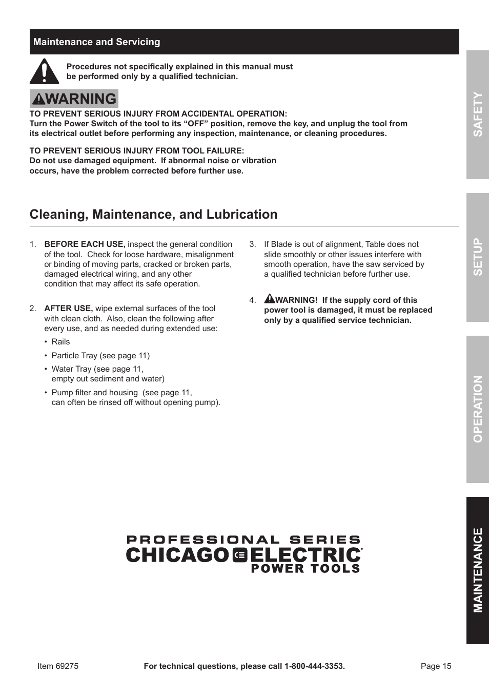 Cleaning Maintenance And Lubrication Safety Opera Tion Cleaning Maintenance And Lubrication Safety Opera Tion Setup Chicago Electric 10 Tile Brick Saw 69275 User Manual Page 15