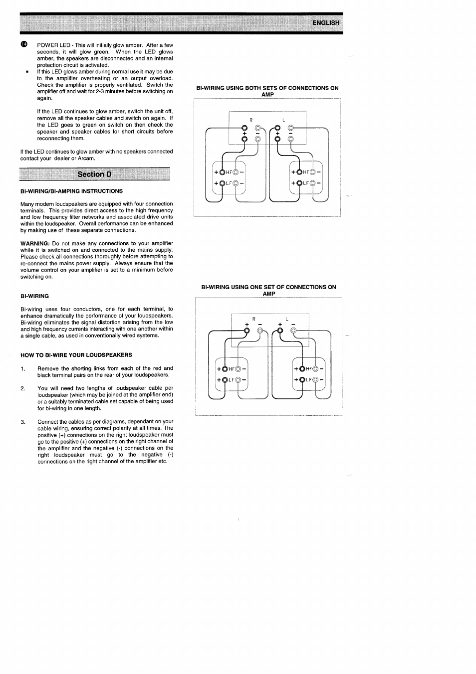 Section d, Bi-wiring/bi-amping instructions, Bi-wiring using both sets of connections on amp | Arcam Amplifiers Alpha 9/9P User Manual | Page 8 / 12