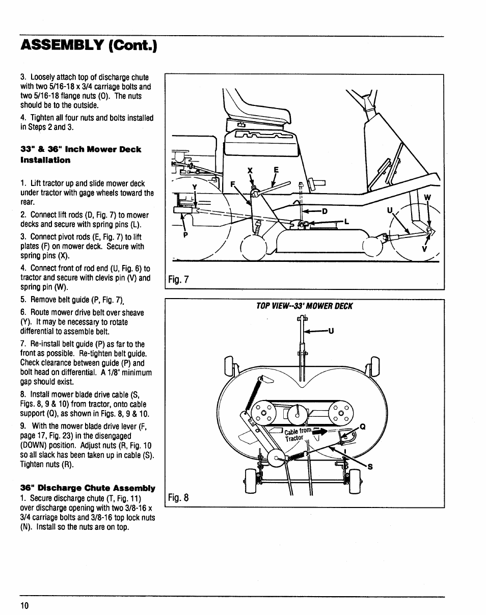 33" & 36" inch mower deck installation, 36" discharge chute assembly