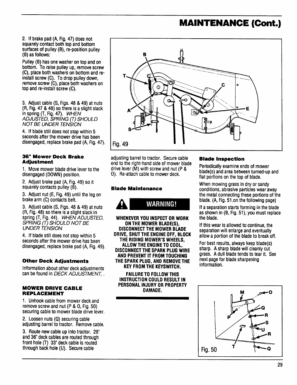 Warning, Maintenance (coni.) | Bolens 13067 User Manual | Page 29 / 36