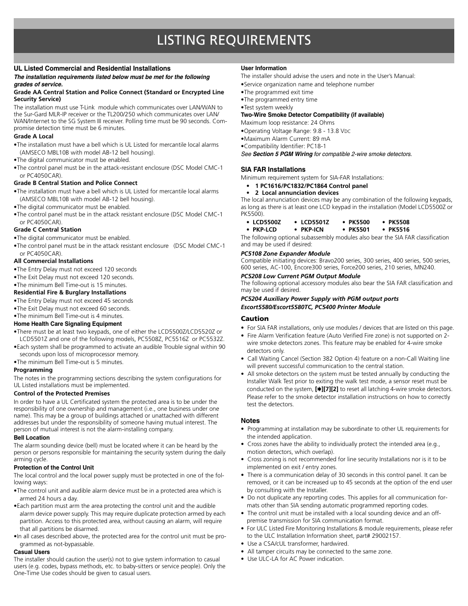 Listing requirements | DSC POWERSERIES PC1616 User Manual | Page 13 / 16