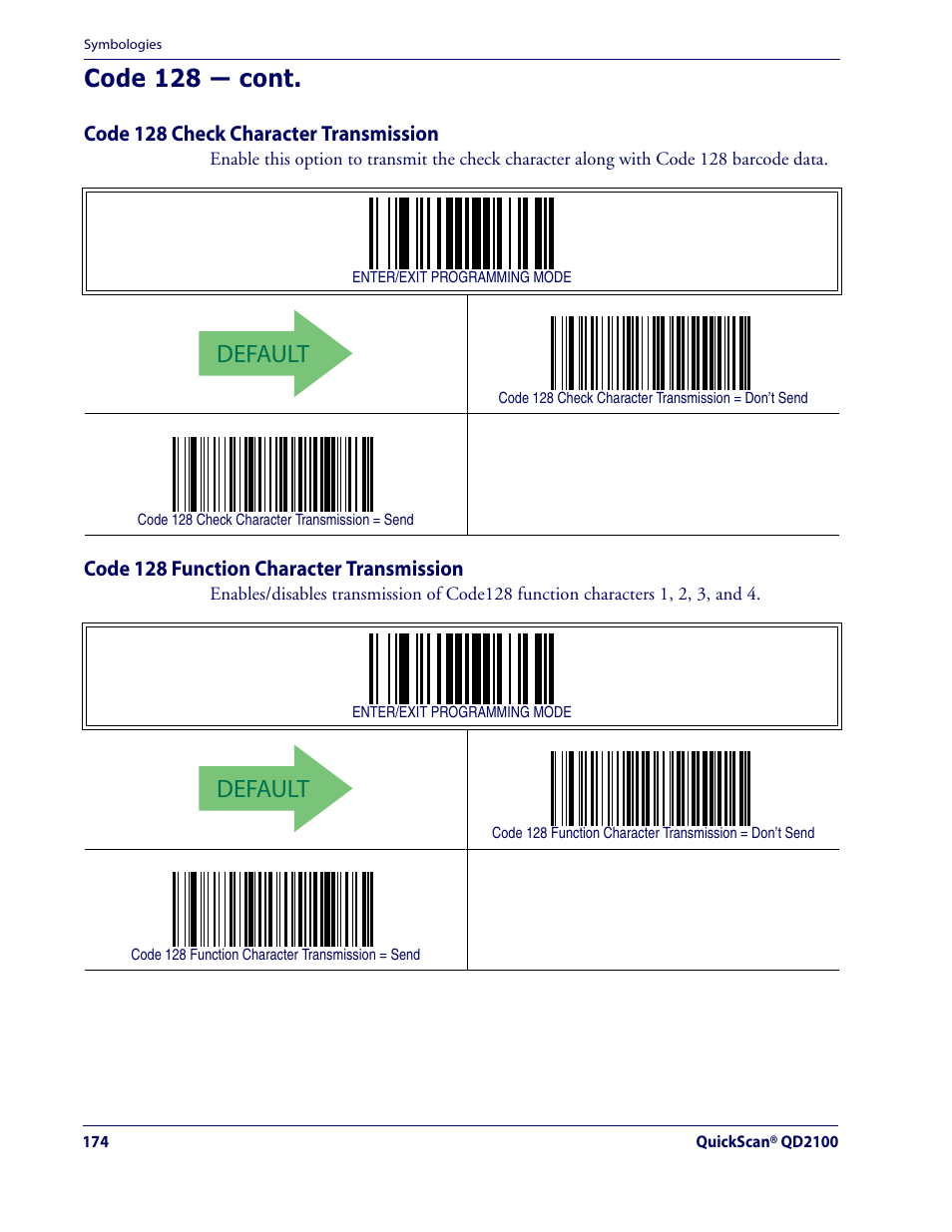 Default, Code 128 — cont | Datalogic Scanning QUICKSCAN QD2100 User ...