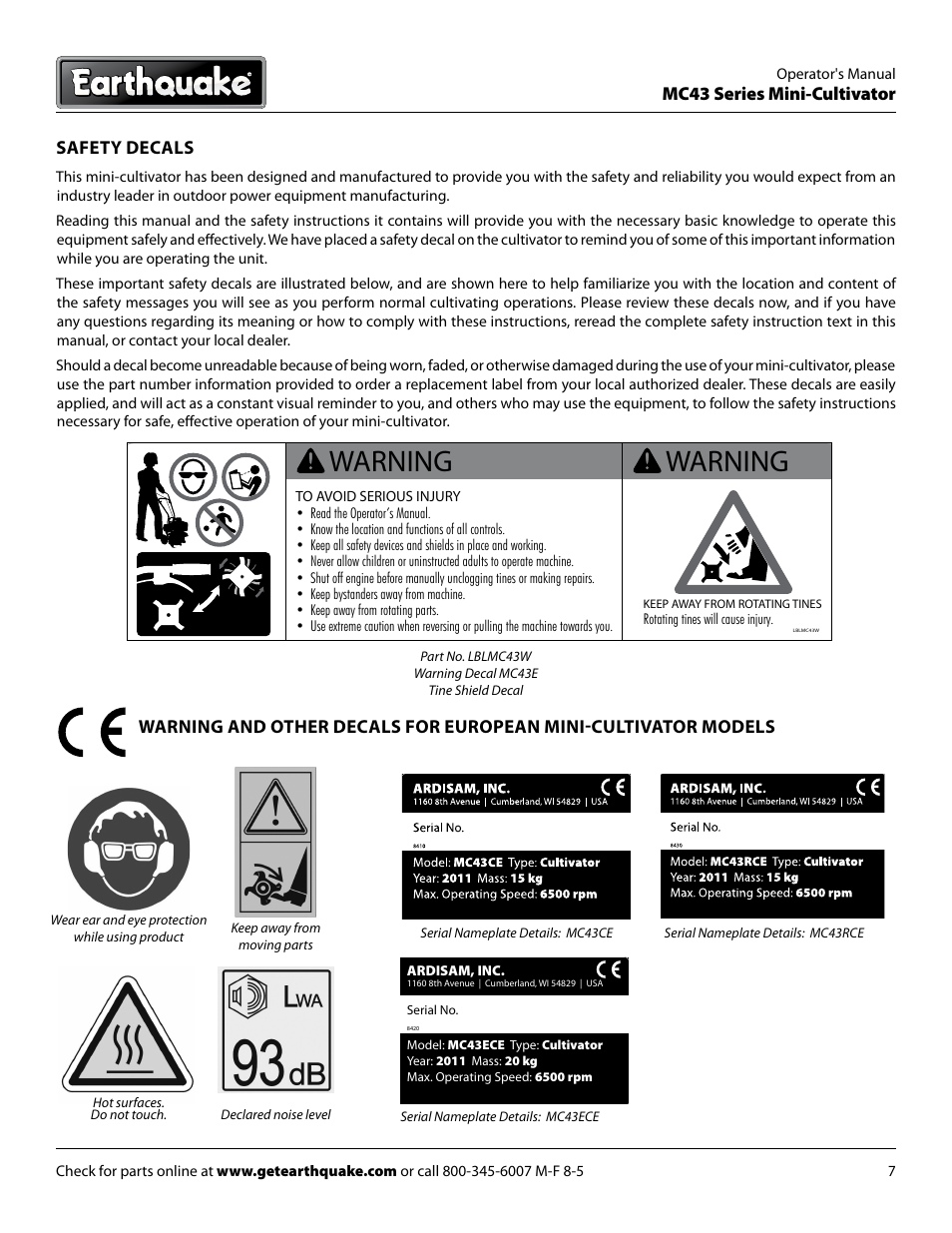 Warning, Mc43 series mini-cultivator, Safety decals | EarthQuake MC43E