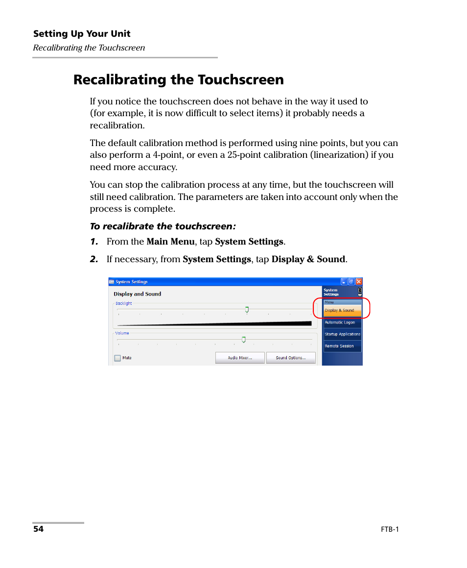 Recalibrating the touchscreen | EXFO FTB-1 User Manual | Page 64 / 234