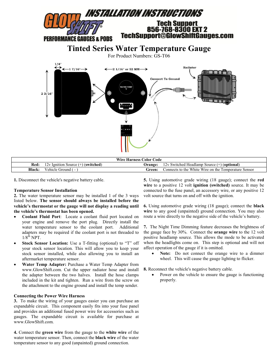Glowshift Water Temperature Gauge User Manual