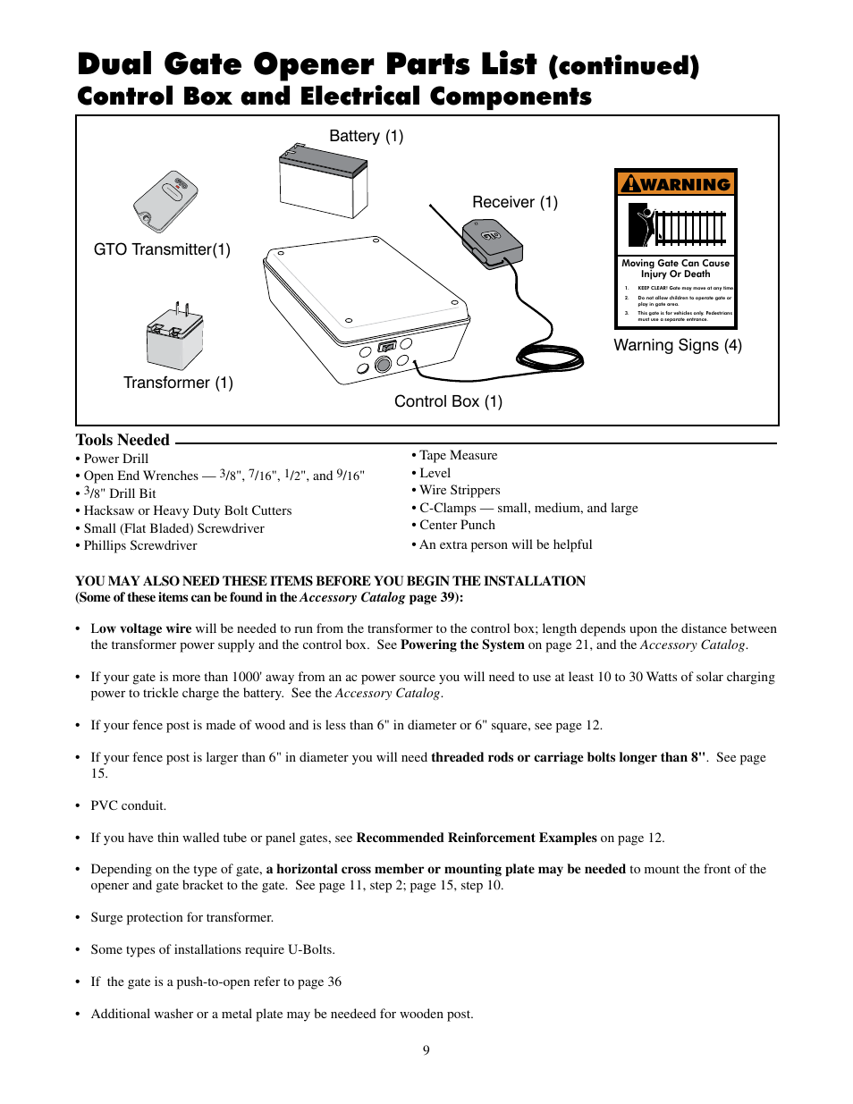 Dual gate opener parts list, Continued) control box and electrical