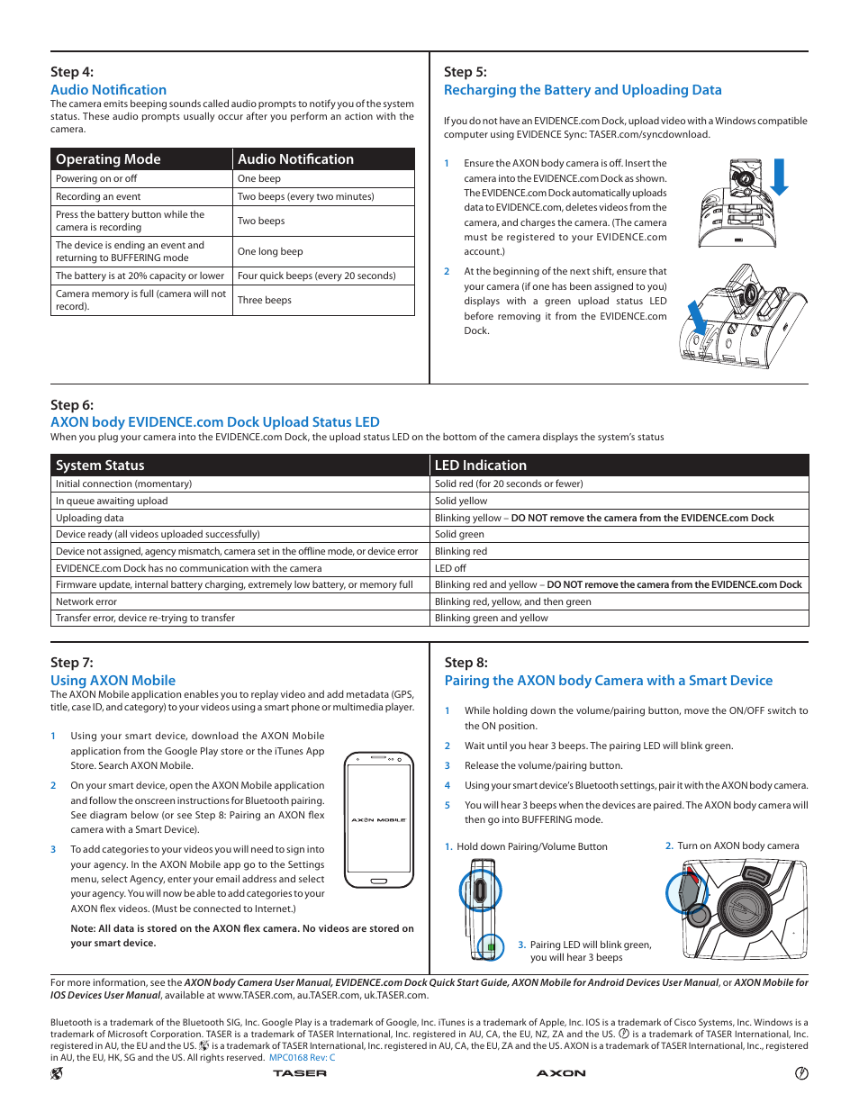 System status led indication, Step 7: using axon mobile, Step 4: audio