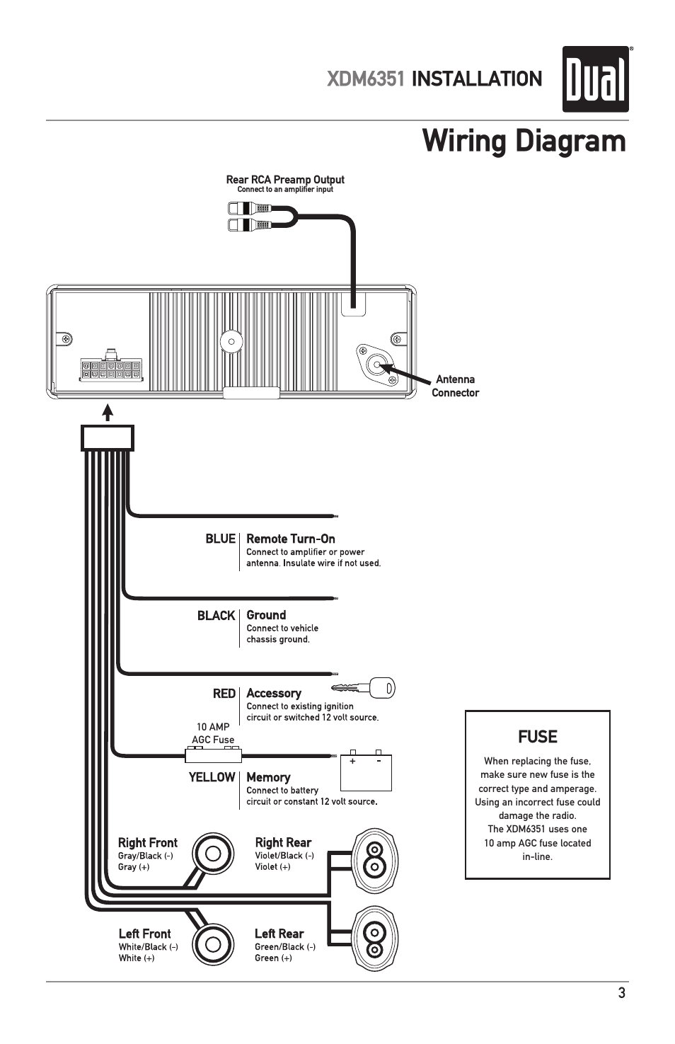 Wiring diagram, Xdm6351 installation, Fuse | Dual XDM6351 User Manual